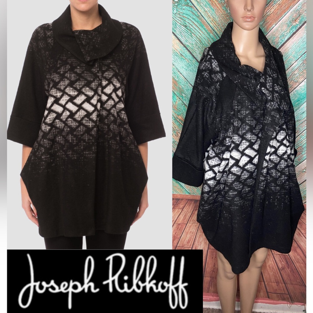 Joseph Ribkoff Single Button Wool Blend Black & White Patterned Swing Coat